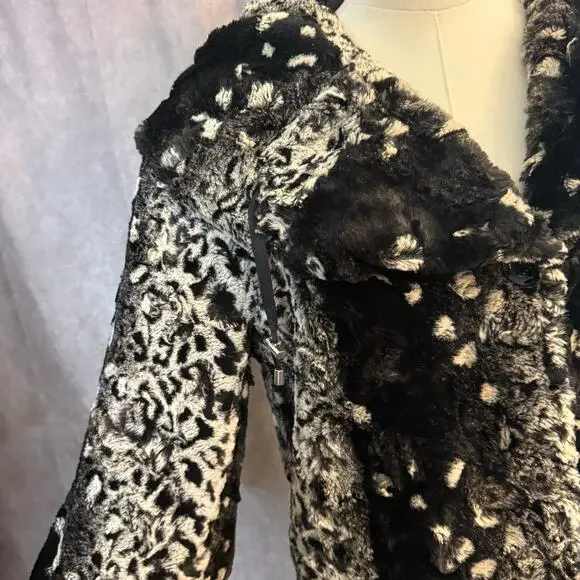 La Seine Black & White Faux Fur Leopard Coat Women’s Large Cropped Winter Jacket - Picture 9 of 14